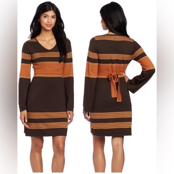 PrAna Sydney Sweater Dress with V-Neck & Tie Belt in Brown, Tan, & Orange, M - Picture 1 of 15